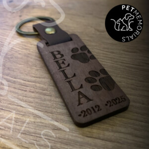 Wooden pet memorial keyring engraved with pet's name and dates
