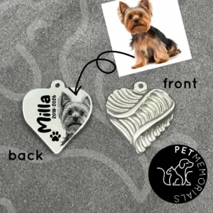 Ornate stainless steel heart pendant with pet photo engraved on the back