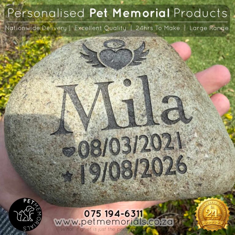 Engraved river stone pet memorial for Mila