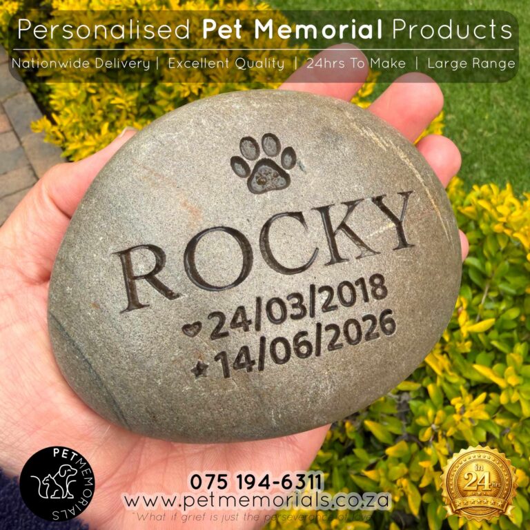 Engraved river stone pet memorial for Rocky