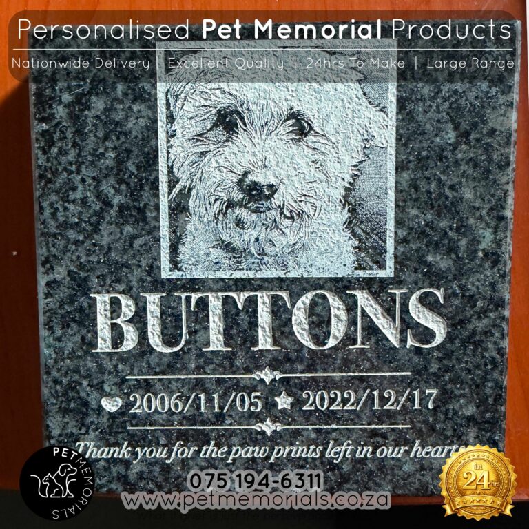 Black granite pet grave marker with photo engraving for Buttons