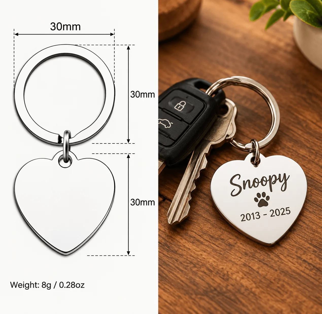 Personalised pet memorial heart keyring in polished stainless steel, shown with measurements: 30 mm heart pendant on a 30 mm split ring