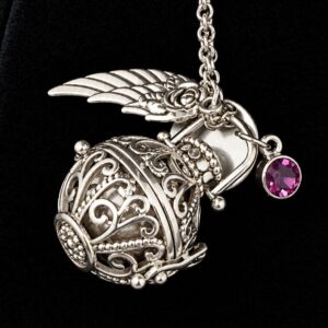 Silver filigree orb urn necklace for pet ashes with angel wing and purple crystal charm
