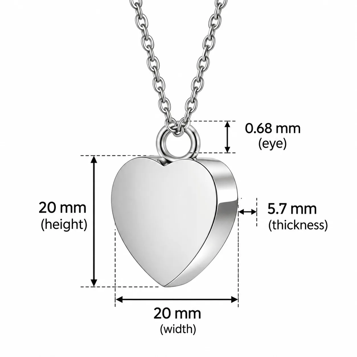 Heart ash pendant size: 20 mm high, 20 mm wide and 5.7 mm thick