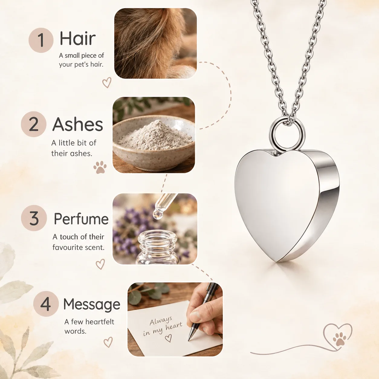 What you can keep in the heart ash pendant: a little hair, a little ash, a touch of perfume or a few written words