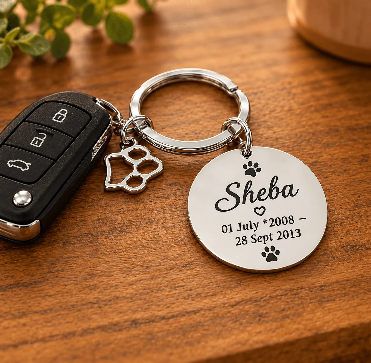 Back of the Hero Forever keyring engraved with a pet’s name, dates and paw print symbols