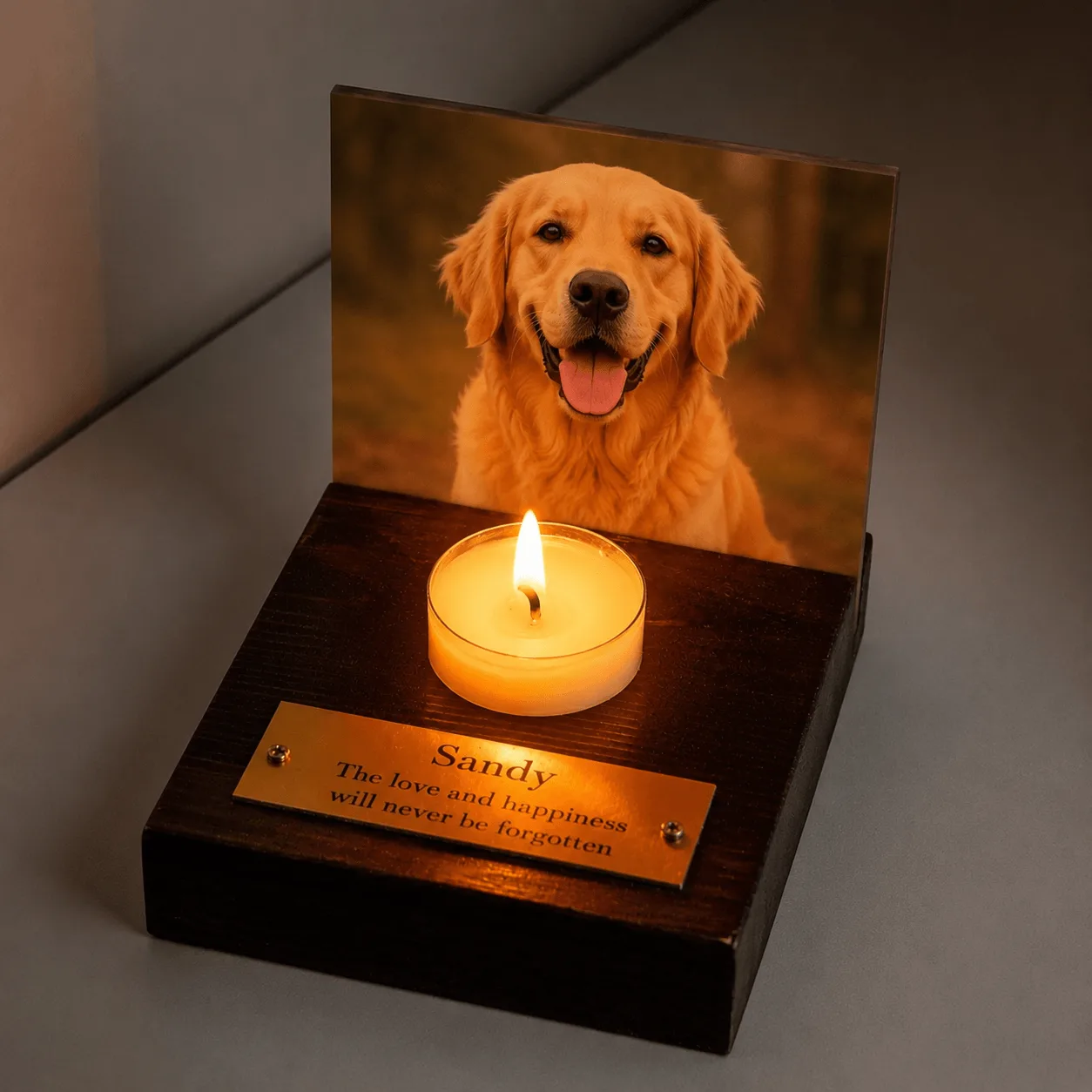 Pet memorial candle holder with dog photo, engraved name plaque and tea-light