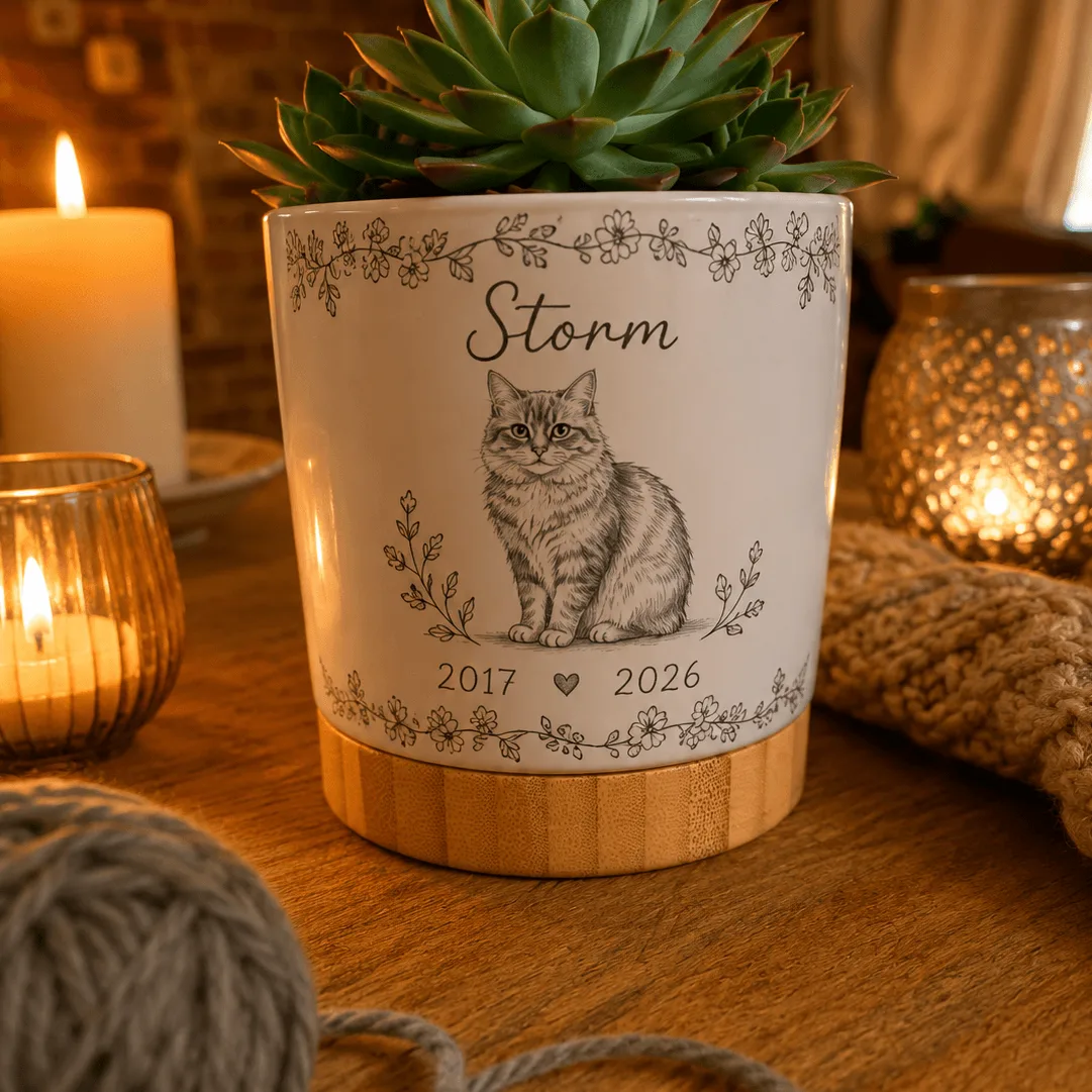 White ceramic pet memorial plant pot with hand-drawn cat portrait, name and dates