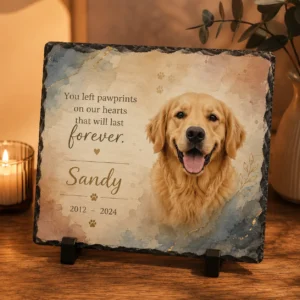 Personalised slate stone pet memorial with full-colour photo print of golden retriever and custom message