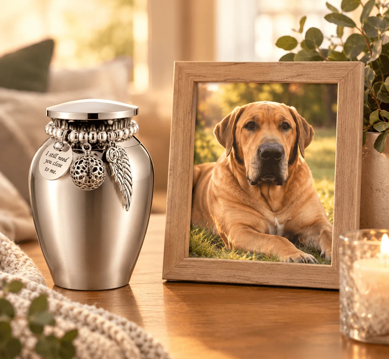 Small keepsake urn for dog or cat ashes on a shelf at home