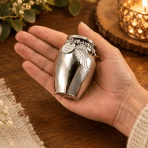 Stainless steel keepsake urn for pet ashes held in a hand, with angel wing and sentiment charms