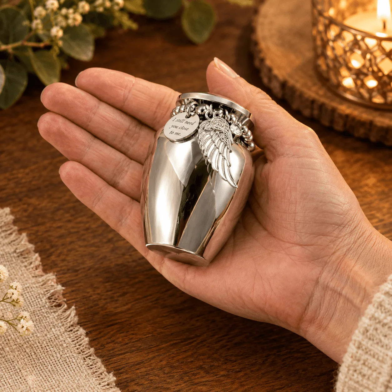 Stainless steel keepsake urn for pet ashes held in a hand, with angel wing and sentiment charms